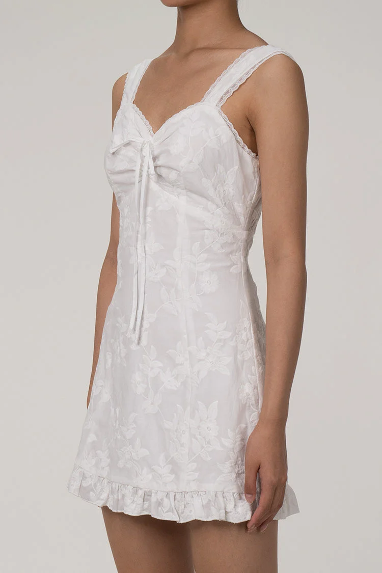 Sexy Floral Embroidered Lace Sweetheart Ruffle Bodycon Summer Mini Sundress - White