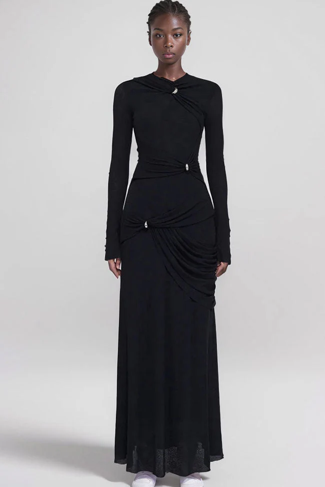 Graceful Metallic Knot Ruched Detail Jersey Evening Maxi Dress - Black
