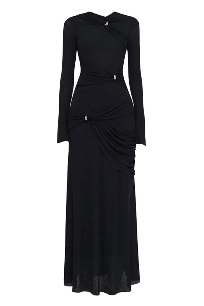 Graceful Metallic Knot Ruched Detail Jersey Evening Maxi Dress - Black